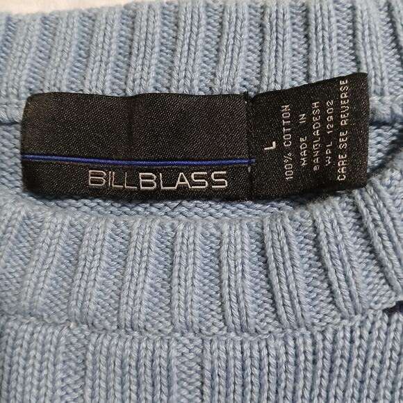 VTG Bill Blass Men's L 100% Cotton Lt Blue Cable-Knit Windowpane Plaid Sweater - Picture 2 of 10